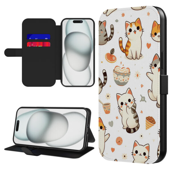 Leren bookcase hoesje iPhone 15 Plus met poezen opdruk en pasjeshouder (1)