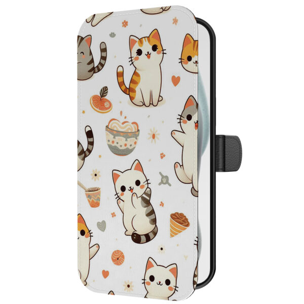 Leren bookcase hoesje iPhone 15 Plus met poezen opdruk en pasjeshouder (2)