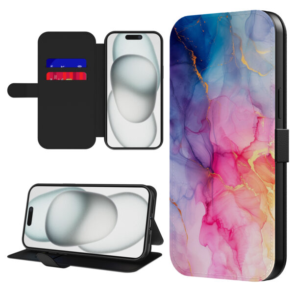 Leren bookcase hoesje iPhone 15 Plus met regenboog marmer opdruk en pasjeshouder (1)