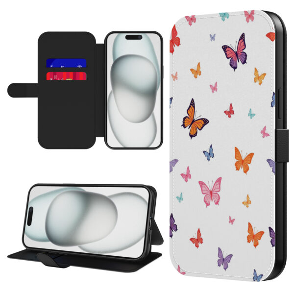 Leren bookcase hoesje iPhone 15 Plus met vlinder opdruk en pasjeshouder (1)