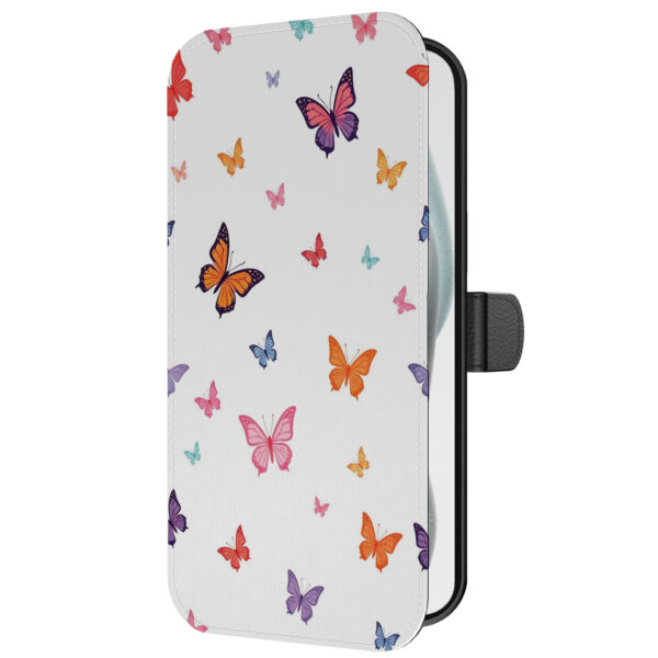 Leren bookcase hoesje iPhone 15 Plus met vlinder opdruk en pasjeshouder (2)