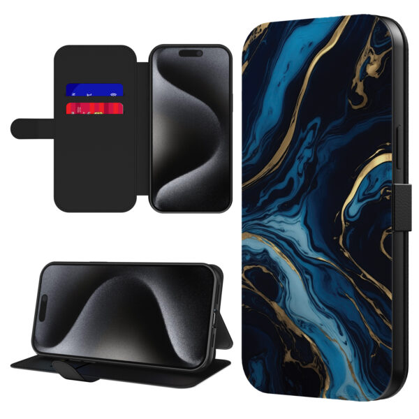 Leren bookcase hoesje iPhone 15 Pro Max met goud blauw marmer opdruk en pasjeshouder (1)