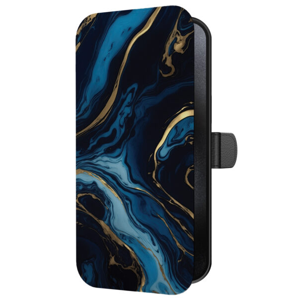 Leren bookcase hoesje iPhone 15 Pro Max met goud blauw marmer opdruk en pasjeshouder (2)