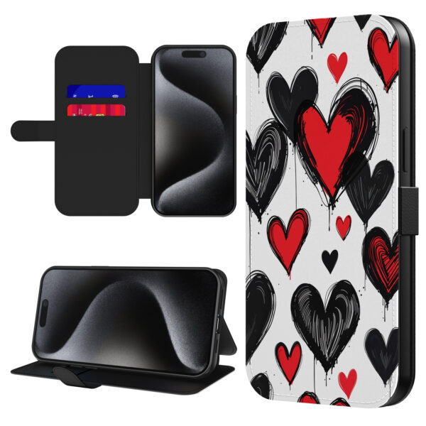 Leren bookcase hoesje iPhone 15 Pro Max met hartjes opdruk en pasjeshouder (1)