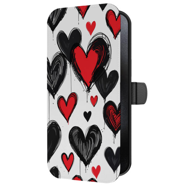 Leren bookcase hoesje iPhone 15 Pro Max met hartjes opdruk en pasjeshouder (2)