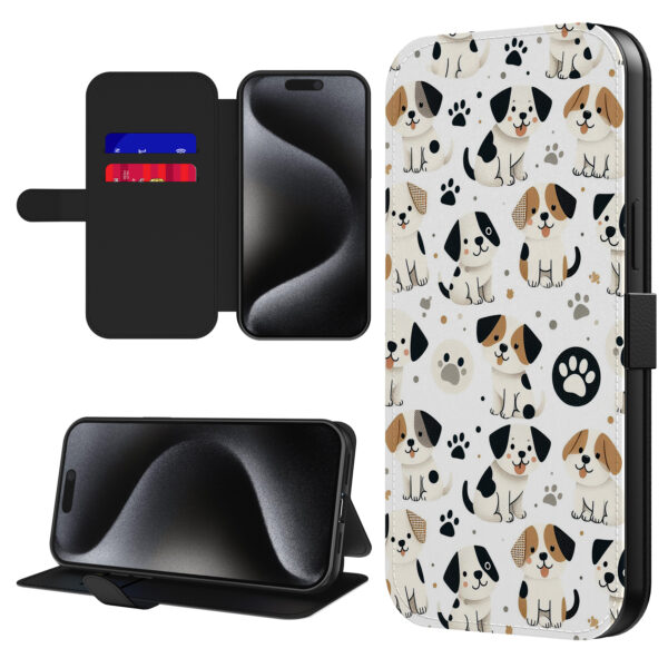 Leren bookcase hoesje iPhone 15 Pro Max met honden en pootjes opdruk en pasjeshouder (1)