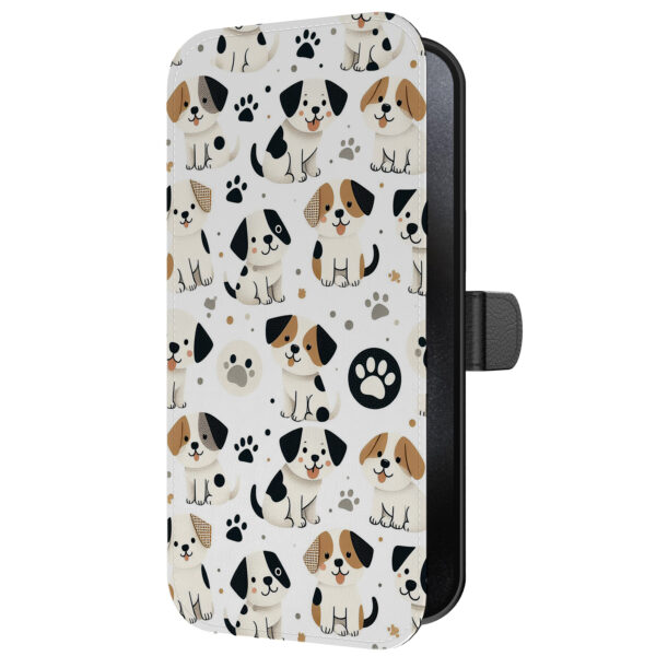 Leren bookcase hoesje iPhone 15 Pro Max met honden en pootjes opdruk en pasjeshouder (5)