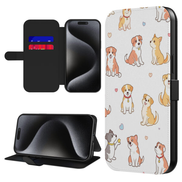 Leren bookcase hoesje iPhone 15 Pro Max met honden opdruk en pasjeshouder (1)