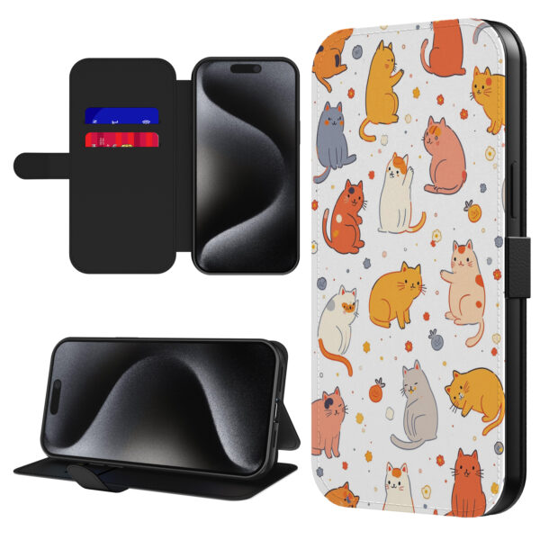 Leren bookcase hoesje iPhone 15 Pro Max met katten opdruk en pasjeshouder (1)