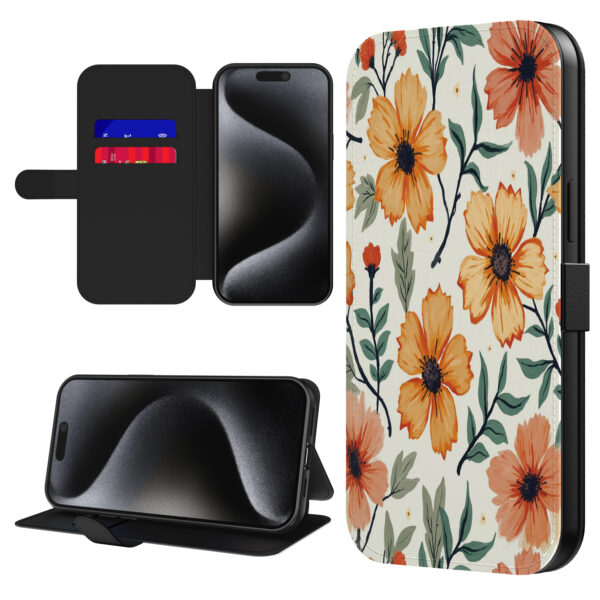 Leren bookcase hoesje iPhone 15 Pro Max met oranje en rode opdruk en pasjeshouder (1)