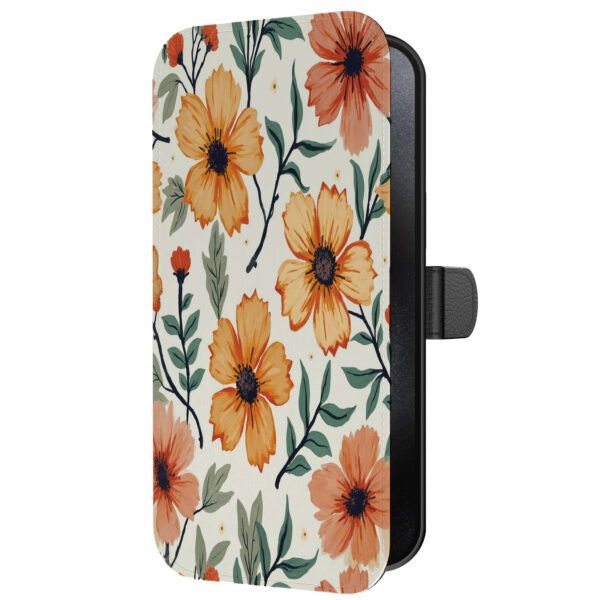 Leren bookcase hoesje iPhone 15 Pro Max met oranje en rode opdruk en pasjeshouder (2)