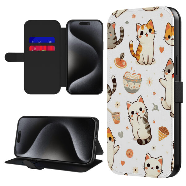 Leren bookcase hoesje iPhone 15 Pro Max met poezen opdruk en pasjeshouder (1)