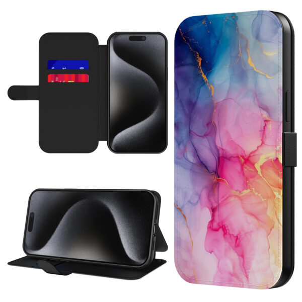 Leren bookcase hoesje iPhone 15 Pro Max met regenboog marmer opdruk en pasjeshouder (1)