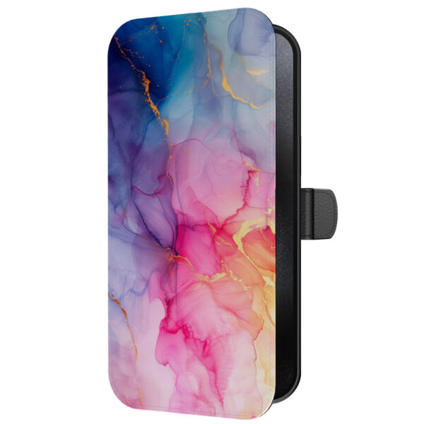 Leren bookcase hoesje iPhone 15 Pro Max met regenboog marmer opdruk en pasjeshouder (2)