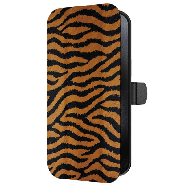 Leren bookcase hoesje iPhone 15 Pro Max met tijger opdruk en pasjeshouder (5)