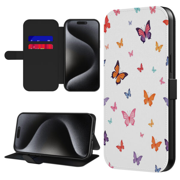 Leren bookcase hoesje iPhone 15 Pro Max met vlinder opdruk en pasjeshouder (1)
