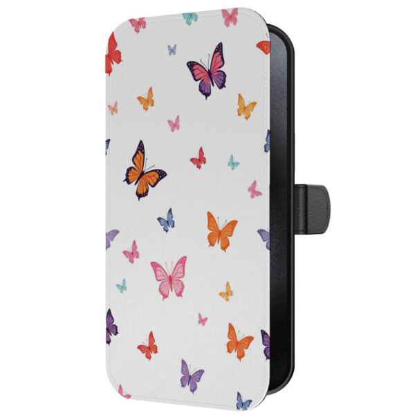 Leren bookcase hoesje iPhone 15 Pro Max met vlinder opdruk en pasjeshouder (2)