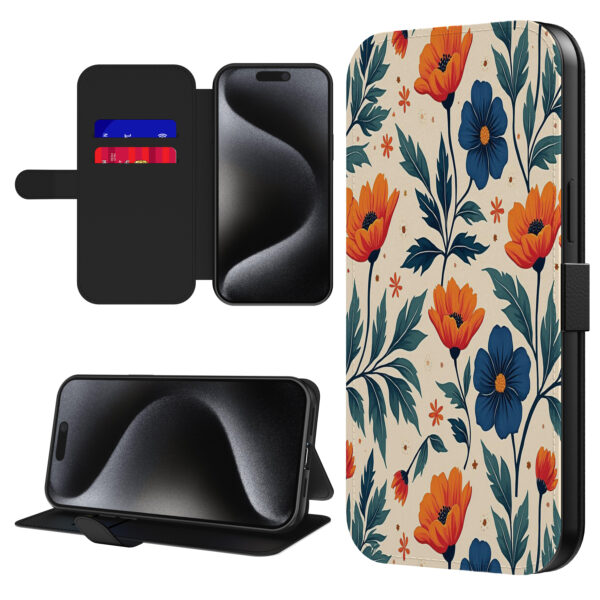 Leren bookcase hoesje iPhone 15 Pro met blauwe en rode bloemen opdruk en pasjeshouder (4)