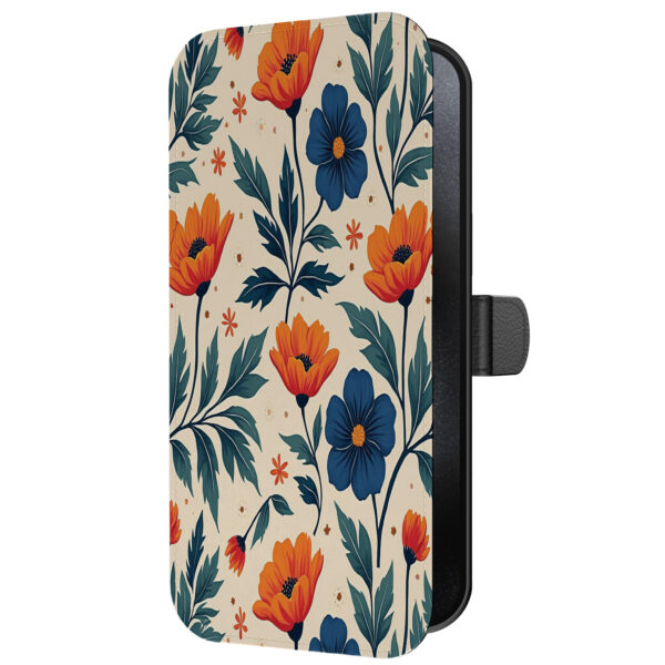 Leren bookcase hoesje iPhone 15 Pro met blauwe en rode bloemen opdruk en pasjeshouder (5)