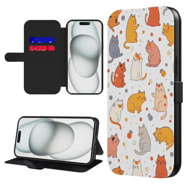 Leren bookcase hoesje iPhone 15 met katten opdruk en pasjeshouder (1)