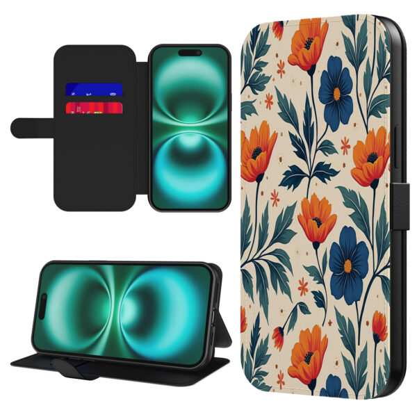 Leren bookcase hoesje iPhone 16 Plus met blauwe en rode bloemen opdruk en pasjeshouder (1)