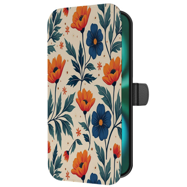Leren bookcase hoesje iPhone 16 Plus met blauwe en rode bloemen opdruk en pasjeshouder (5)