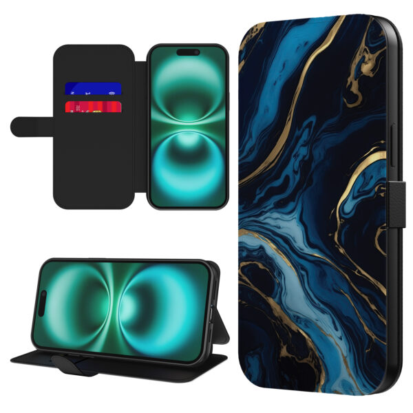 Leren bookcase hoesje iPhone 16 Plus met goud blauw marmer opdruk en pasjeshouder (1)