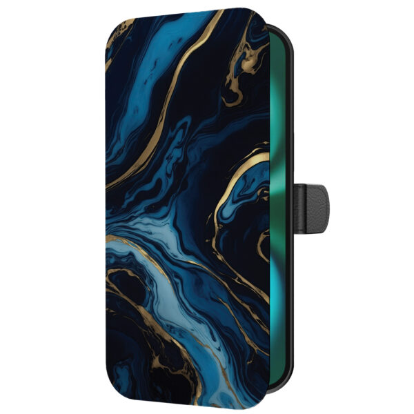 Leren bookcase hoesje iPhone 16 Plus met goud blauw marmer opdruk en pasjeshouder (5)