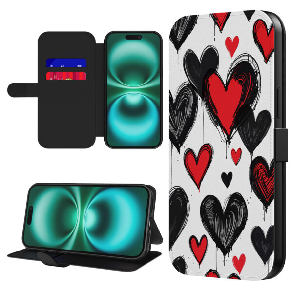 Leren bookcase hoesje iPhone 16 Plus met hartjes opdruk en pasjeshouder (1)