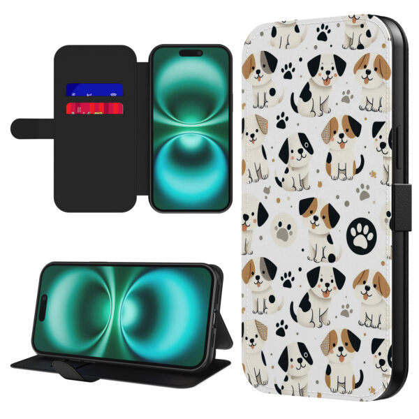 Leren bookcase hoesje iPhone 16 Plus met honden en pootjes opdruk en pasjeshouder (1)