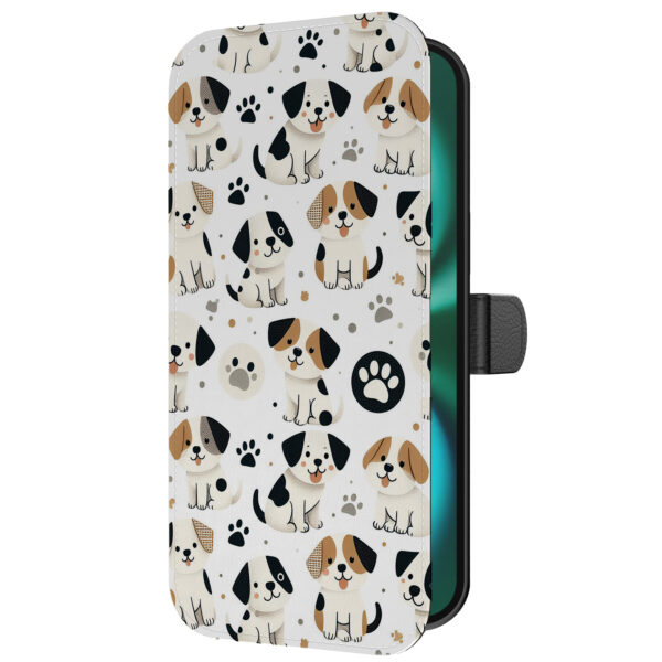 Leren bookcase hoesje iPhone 16 Plus met honden en pootjes opdruk en pasjeshouder (5)