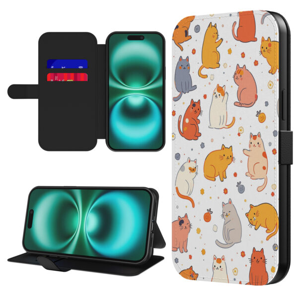 Leren bookcase hoesje iPhone 16 Plus met katten opdruk en pasjeshouder (1)