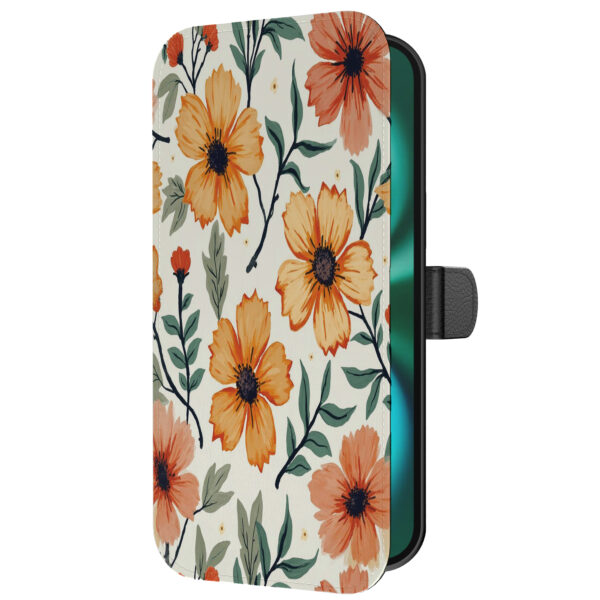 Leren bookcase hoesje iPhone 16 Plus met oranje en rode opdruk en pasjeshouder (5)