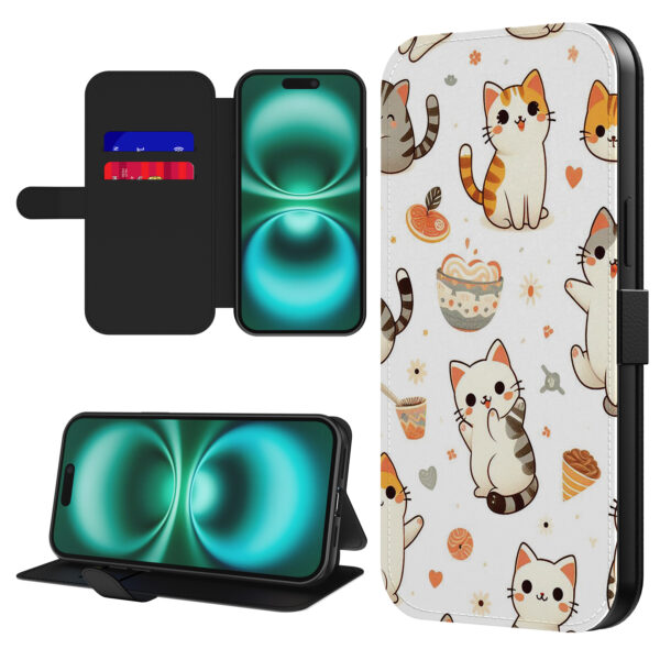 Leren bookcase hoesje iPhone 16 Plus met poezen opdruk en pasjeshouder (1)