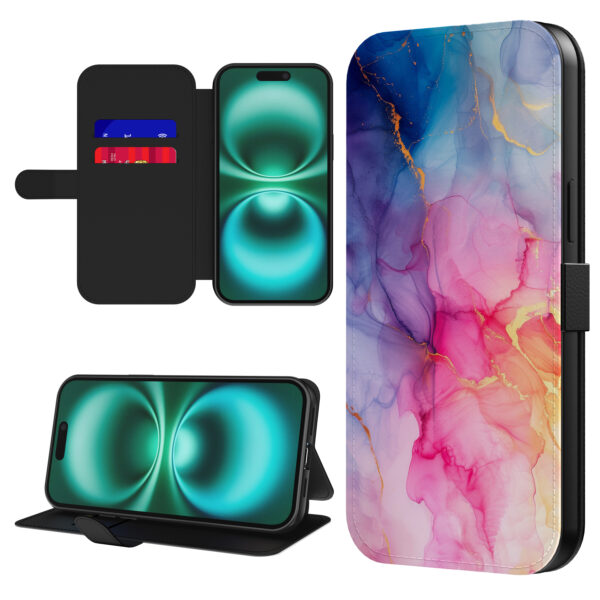 Leren bookcase hoesje iPhone 16 Plus met regenboog marmer opdruk en pasjeshouder (1)