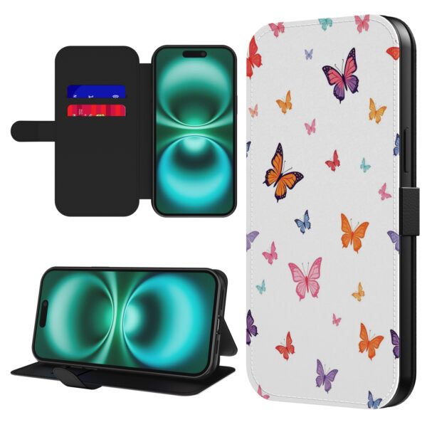 Leren bookcase hoesje iPhone 16 Plus met vlinder opdruk en pasjeshouder (1)