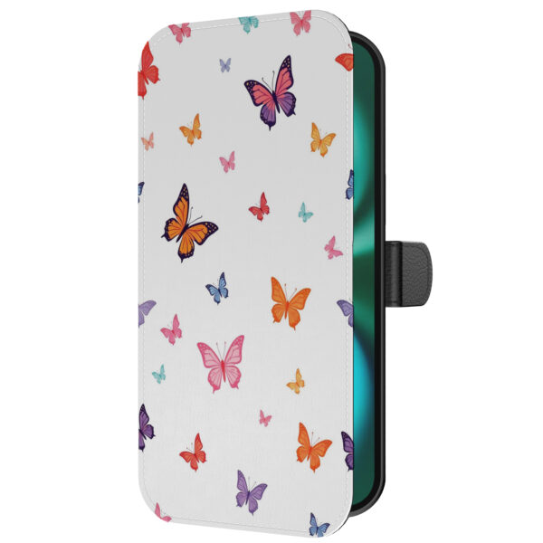 Leren bookcase hoesje iPhone 16 Plus met vlinder opdruk en pasjeshouder (5)