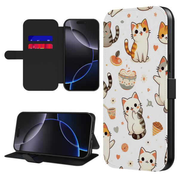 Leren bookcase hoesje iPhone 16 Pro Max met poezen opdruk en pasjeshouder (1)