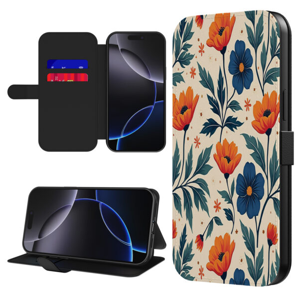 Leren bookcase hoesje iPhone 16 Pro met blauwe en rode bloemen opdruk en pasjeshouder (1)
