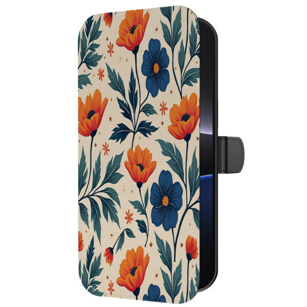 Leren bookcase hoesje iPhone 16 Pro met blauwe en rode bloemen opdruk en pasjeshouder (5)