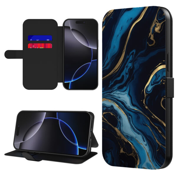 Leren bookcase hoesje iPhone 16 Pro met goud blauw marmer opdruk en pasjeshouder (1)