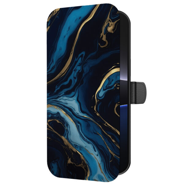 Leren bookcase hoesje iPhone 16 Pro met goud blauw marmer opdruk en pasjeshouder (5)