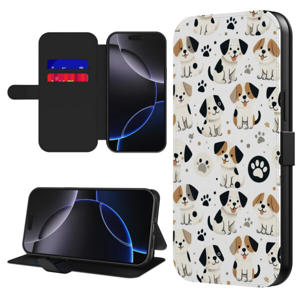 Leren bookcase hoesje iPhone 16 Pro met honden en pootjes opdruk en pasjeshouder (1)