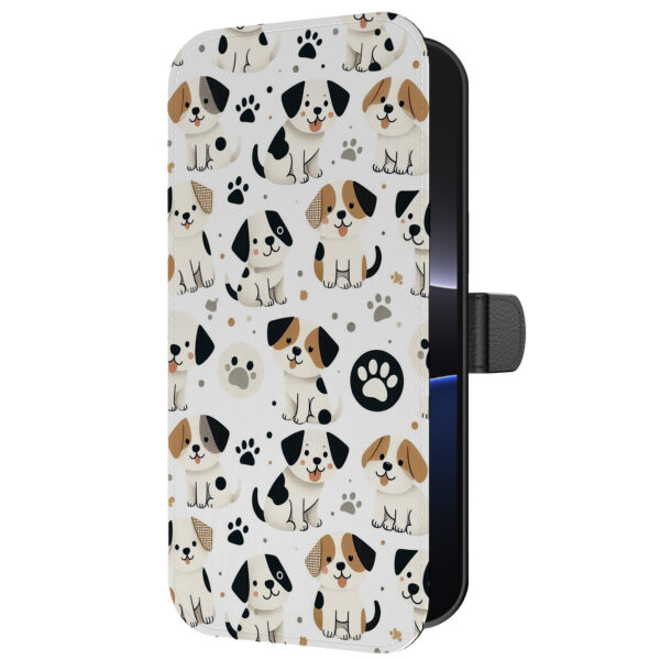 Leren bookcase hoesje iPhone 16 Pro met honden en pootjes opdruk en pasjeshouder (5)