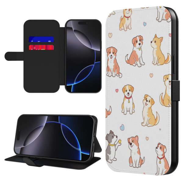 Leren bookcase hoesje iPhone 16 Pro met honden opdruk en pasjeshouder (1)