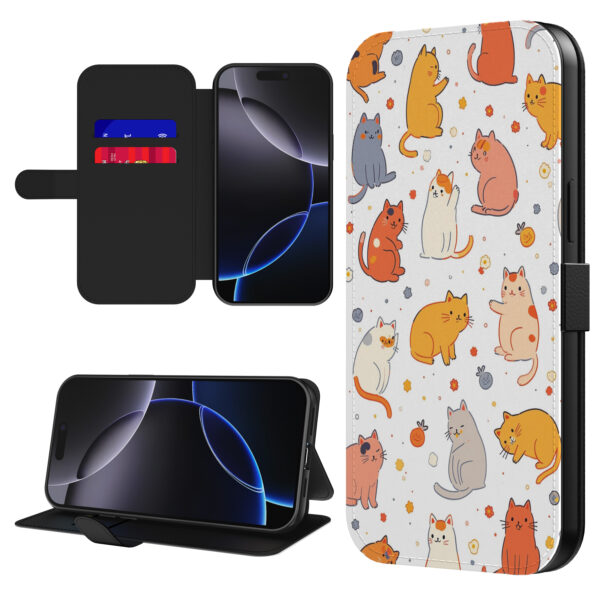 Leren bookcase hoesje iPhone 16 Pro met katten opdruk en pasjeshouder (1)
