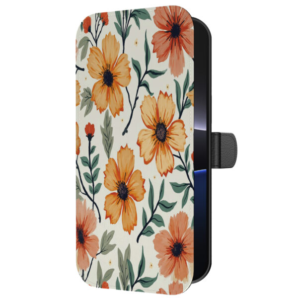 Leren bookcase hoesje iPhone 16 Pro met oranje en rode opdruk en pasjeshouder (5)