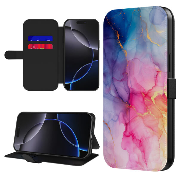 Leren bookcase hoesje iPhone 16 Pro met regenboog marmer opdruk en pasjeshouder (1)