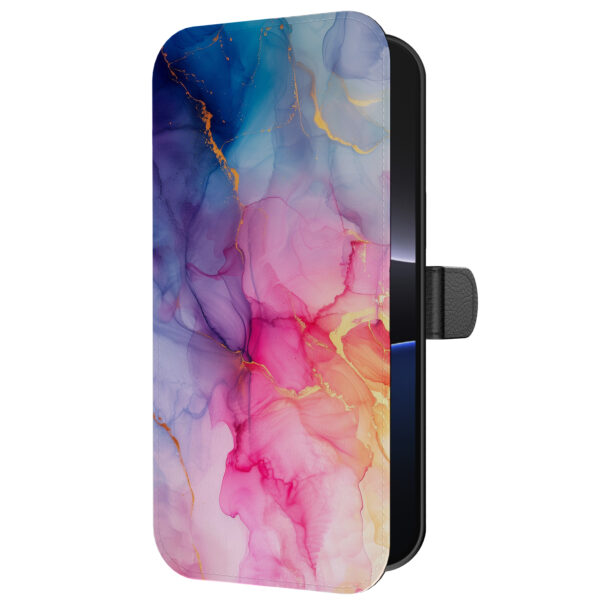 Leren bookcase hoesje iPhone 16 Pro met regenboog marmer opdruk en pasjeshouder (5)