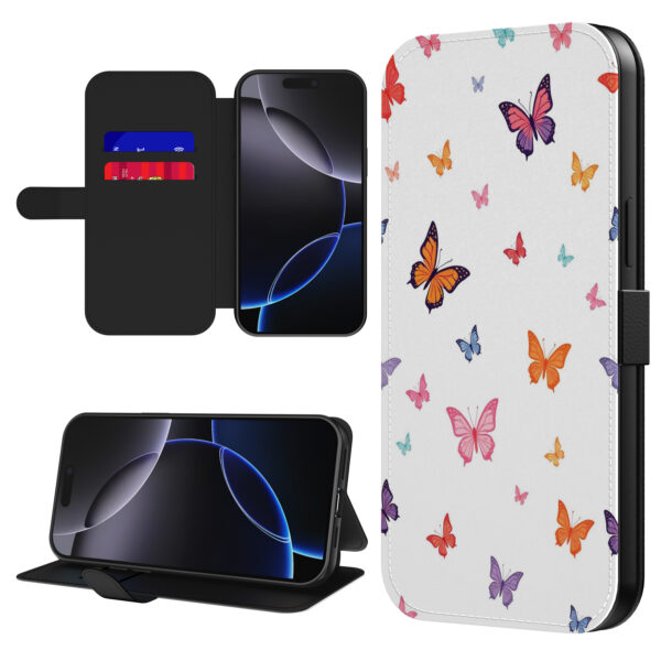 Leren bookcase hoesje iPhone 16 Pro met vlinder opdruk en pasjeshouder (1)